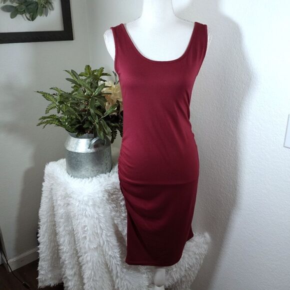 BURGUNDY RUCHED TANK DRESS SZ.S EUC - Picture 2 of 7